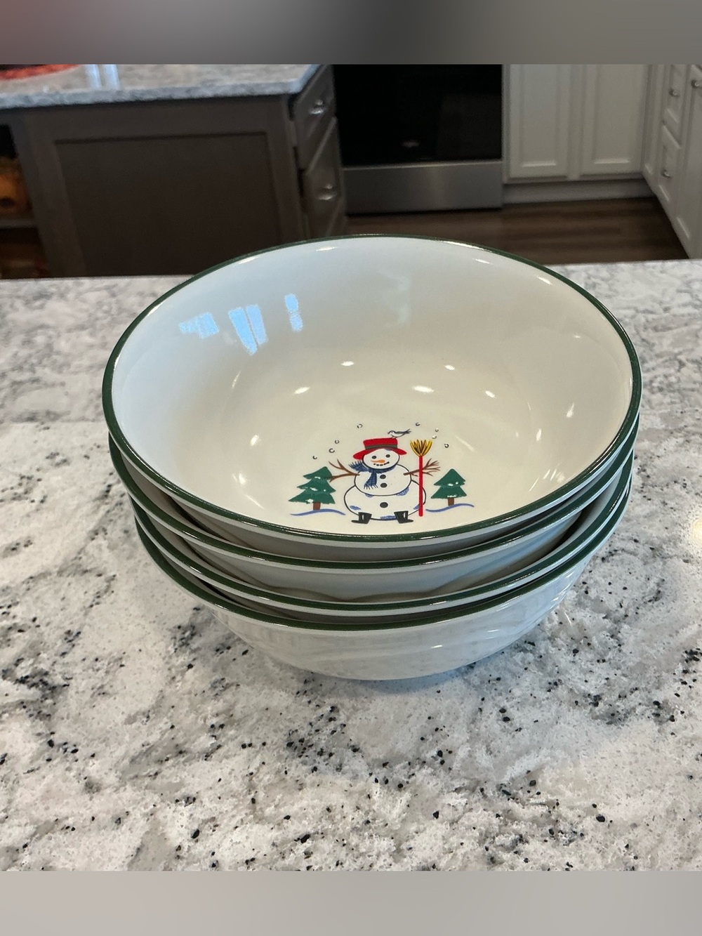 Pfaltzgraff Snow Village Cereal Soup Bowls Set of 4 VTG 6" Snowman Christmas